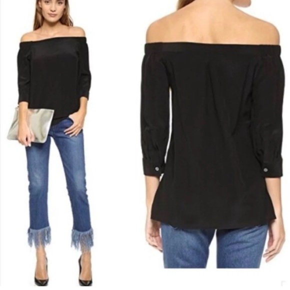 Theory Joscla Silk Off-Shoulder Blouse M Black Chiffon Puff Sleeve Top - Picture 1 of 8